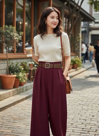 Pantalones anchos burdeos con cinturón