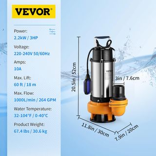 VEVOR Bomba Sumergible de Aguas Residuales 2200W 3
