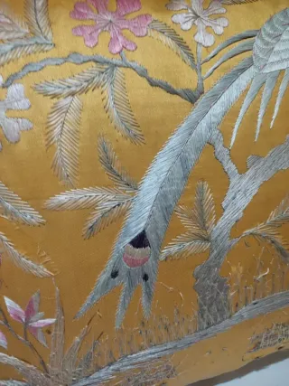 Seda China Antiguo S.XIX Pájaro Flores