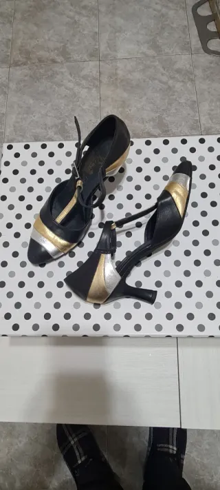 Zapatos de baile mujer T-Strap negro/dorado/platea