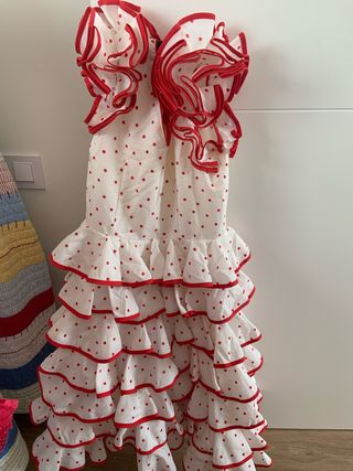 Traje Flamenca Blanco Lunares Rojos talla 6-8 años