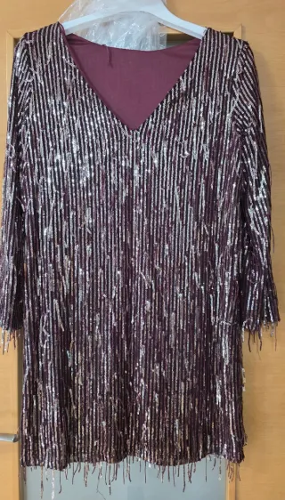 Vestido fiesta lentejuelas morado y plata