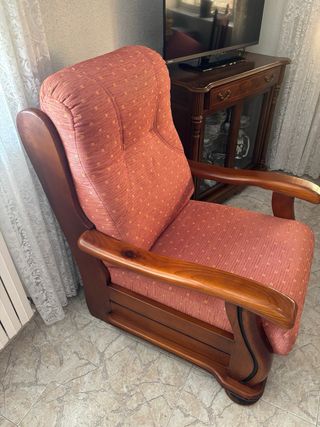 Sofá 3 plazas y 2 sillones madera y tela