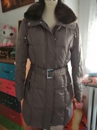 Piumino d'oca marrone/grigio con cappuccio