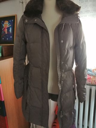 Piumino d'oca marrone/grigio con cappuccio