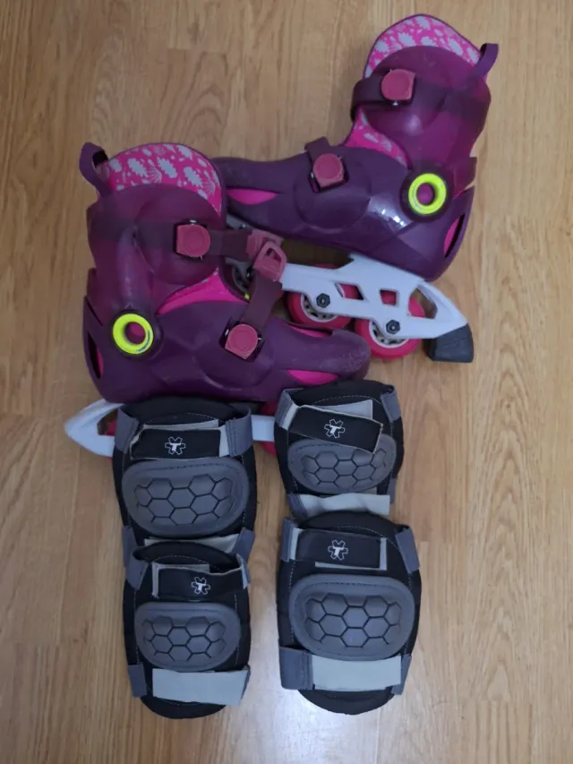 Patines ajustables morados y rosas + protecciones