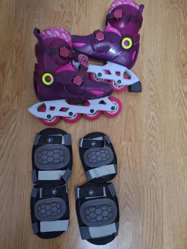 Patines ajustables morados y rosas + protecciones