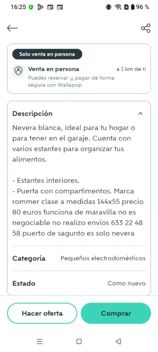 Nevera blanca para casa o garaje