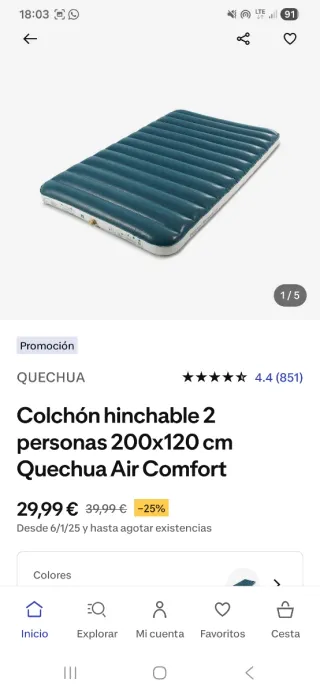 Colchón Hinchable Quechua 2 Personas