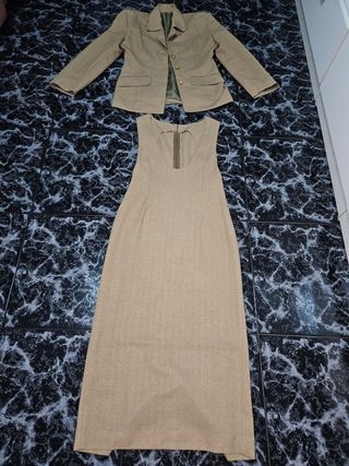 Traje mujer chaqueta y vestido beige Talla M