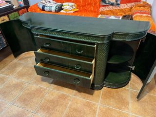 Aparador Madera y Mimbre Verde Oscuro