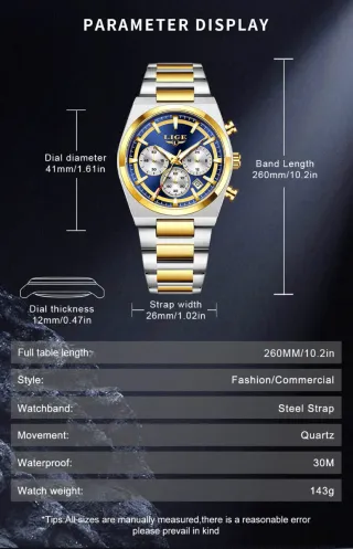 Reloj LIGE Hombre Cronógrafo Azul y Dorado