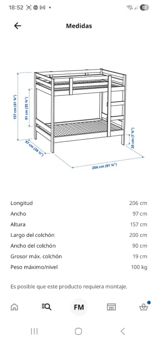Litera Ikea Mydal 90x200 Madera Blanca