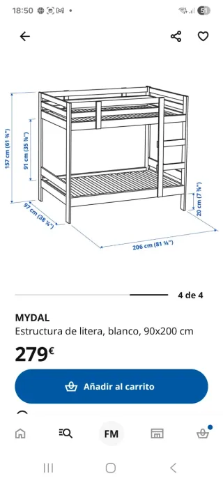 Litera Ikea Mydal 90x200 Madera Blanca