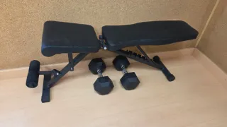 Banco de ejercicios y 2 mancuernas 15 kg. Y funda