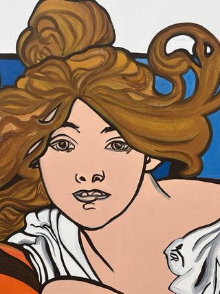 Quadro dipinto a mano donna con bicicletta.