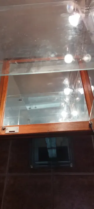 Vitrina expositora de cristal y madera con luz