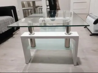 Mesa centro cristal y madera blanca moderna
