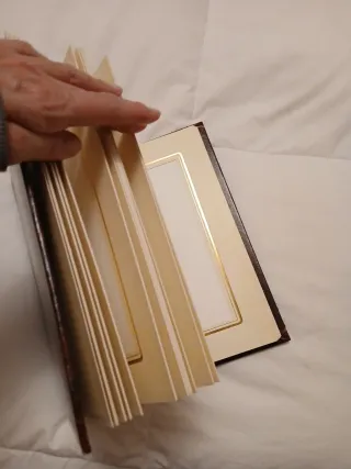 Álbum de fotos marrón con detalles dorados