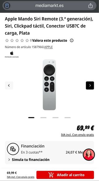 Mando Apple TV Siri Remote. Nuevo, sin usar.