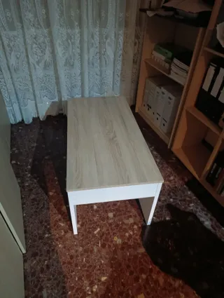 Mesa de centro color madera y blanco.