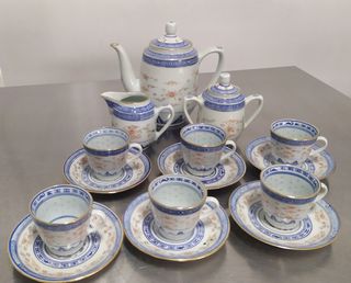 Juego 6 Tazas Café Porcelana Azul/Blanco