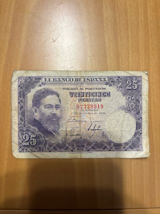 Lote 2 billetes: 25 pts 1954 + 5 boliv