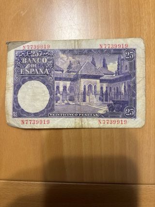 Lote 2 billetes: 25 pts 1954 + 5 boliv