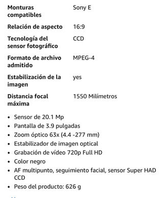 Cámara Sony Zoom Óptico 63x Negra