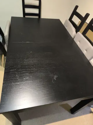 Mesa de comedor de madera negra + 6 sillas