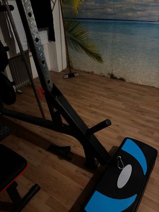 Multiestación de gimnasio + discos + accesorios