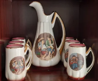 Juego Jarra y Vasos Vintage Pintados