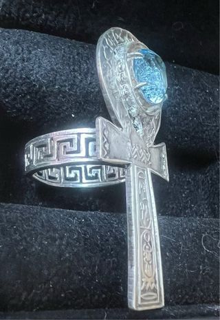 Anillo Ankh Plata y Aguamarina Auténtica
