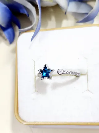 Anillo Plata Estrella Cristal Azul Ajustable