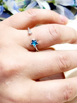 Anillo Plata Estrella Cristal Azul Ajustable