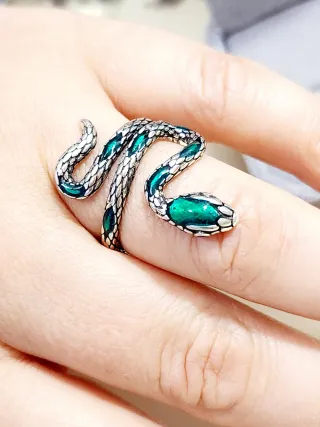 Anillo Serpiente Plata Esmalte Verde Ajustable