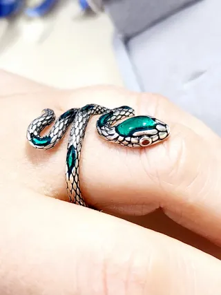 Anillo Serpiente Plata Esmalte Verde Ajustable