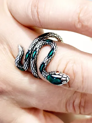 Anillo Serpiente Plata Esmalte Verde Ajustable