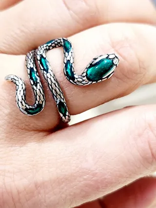 Anillo Serpiente Plata Esmalte Verde Ajustable