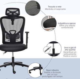 Silla de Oficina Ergonómica Giratoria, Altura Ajustable, Soporte Lumbar y Reposacabezas, 66X61X100-109.5Cm Negro