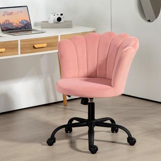 Silla De Oficina Con Respaldo En Forma De Pétalo, Sillón De Oficina Sin Brazos Con Altura Regulable, Ruedas Y Asiento Giratorio En Terciopelo, 69X64X80-90 Cm, Rosa
