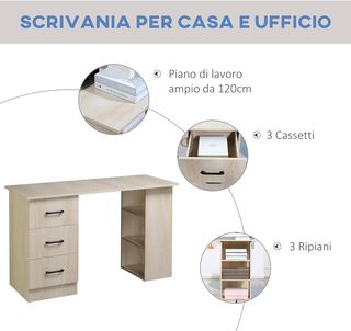Escritorio Porta PC Con 3 Cajones Y 3 Estantes, Escritorio para Habitación Y Oficina en Madera 120X49X72Cm