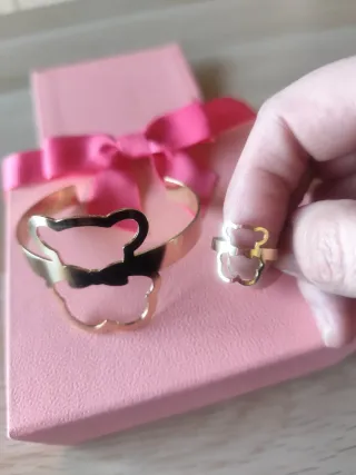 Pulsera y Anillo Oso Dorado de acero inoxidable