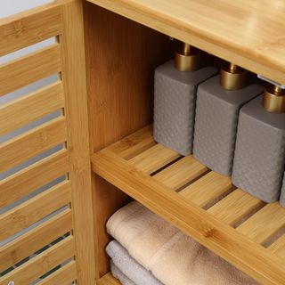 Mueble de Baño Moderno de 2 Puertas, Armario de Baño con 2 Estantes Ventilados de Bambú, 68X32X86 Cm, Color Madera