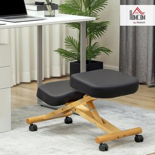 Silla Ergonómica de Rodillas con Altura Ajustable, Silla Postural Ergonómica para Oficina y Casa, Taburete Ergonómico de Rodillas de Madera con Ruedas, Negro