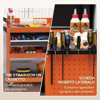 Carro Porta Herramientas Con Mango Y Panel Lateral, Cajón Y 3 Estantes, Carro Taller Porta Utensilios Con 4 Ruedas (2 Con Freno) En Chapa De Acero Para Garaje, 82X35X76 Cm, Naranja