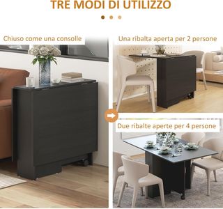 Mesa Plegable Con Ruedas, Mesa De Comedor De Diseño, Plegable Ahorra Espacio, Diseño Moderno, Con Ruedas, Estantes Para Objetos, 140 × 80 × 74Cm, Negro