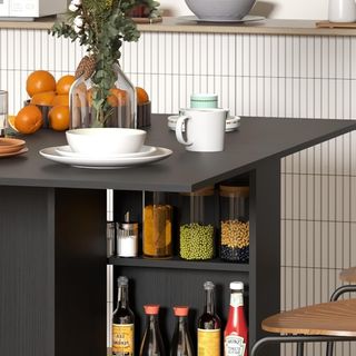 Mesa Plegable Con Ruedas, Mesa De Comedor De Diseño, Plegable Ahorra Espacio, Diseño Moderno, Con Ruedas, Estantes Para Objetos, 140 × 80 × 74Cm, Negro