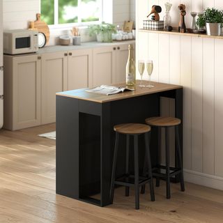 Mesa Bar Con 3 Estantes, Barra Bar Ahorra Espacio Con Patas Antideslizantes, Isla Cocina Con Estante, Industrial, para Cocina Comedor, 113X60X90 Cm, Negro Y Color Madera