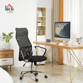 Silla Ergonomica De Oficina Giratoria Y Balanceo Con Ruedas, Altura Regulable Y Respaldo De Malla, 63X65X109-119 Cm, Negro